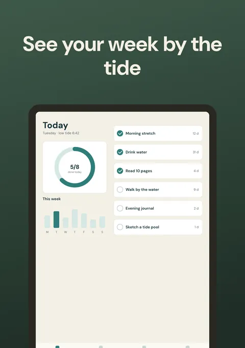iPhone Duo inner display screenshot, 2007 × 2853: headline “See your week by the tide” above a generic frame showing a weekly habit chart, dark green gradient