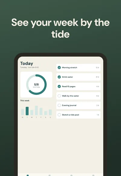 iPhone Duo outer display screenshot, 1398 × 2034: the same slide, headline “See your week by the tide” above a generic frame showing a weekly habit chart, dark green gradient