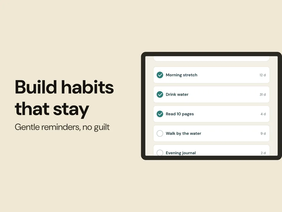 iPad landscape screenshot, 2752 × 2064: headline on the left, generic iPad frame with a habit list on the right, cream background
