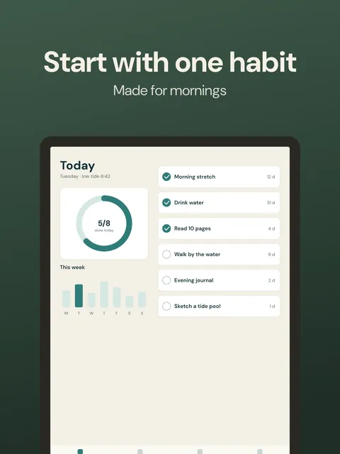iPad portrait screenshot, 2064 × 2752: headline “Start with one habit” above a generic iPad frame showing a habit dashboard, dark green gradient