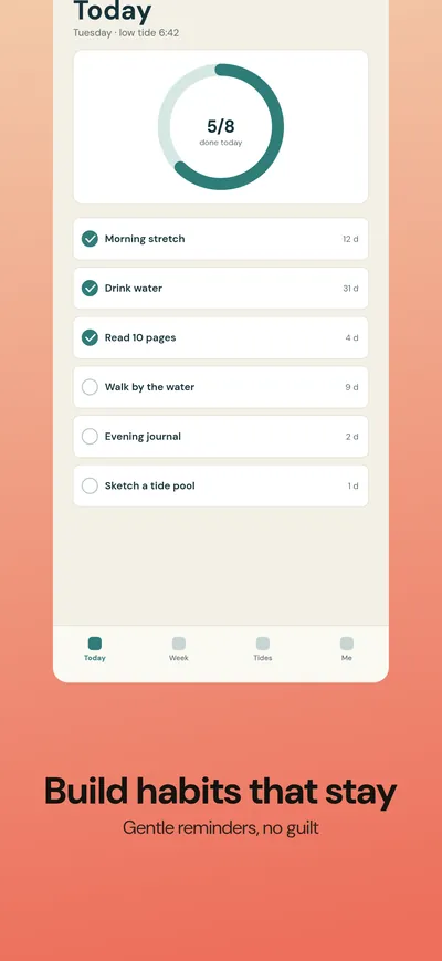 iPhone screenshot, 1320 × 2868: frameless habit tracker screen with the headline “Build habits that stay” underneath, peach-to-coral gradient