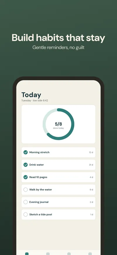 iPhone screenshot, 1320 × 2868: headline “Build habits that stay” above a generic phone frame showing a habit tracker, dark green gradient background
