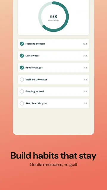 Google Play phone screenshot, 1080 × 1920: habit tracker screen with the caption “Build habits that stay” at the bottom, coral gradient