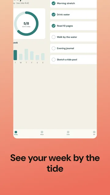 Google Play phone screenshot, 1080 × 1920: weekly habit chart with the caption “See your week by the tide”, coral gradient
