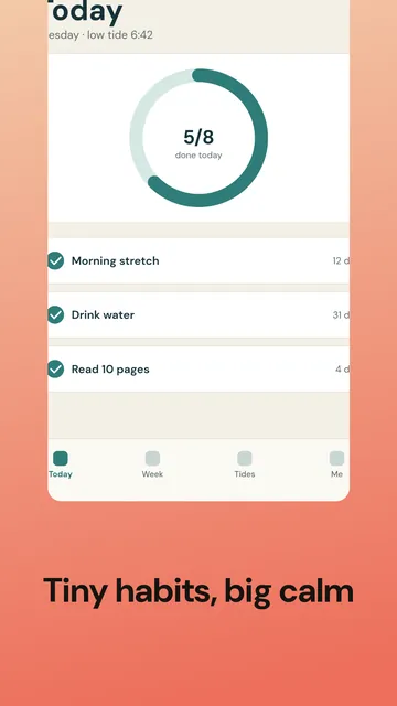 Google Play phone screenshot, 1080 × 1920: daily progress ring with the caption “Tiny habits, big calm”, coral gradient