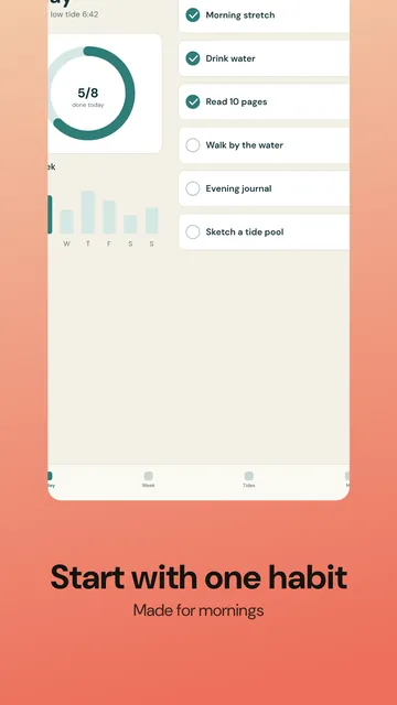 Google Play phone screenshot, 1080 × 1920: habit list with the caption “Start with one habit”, coral gradient